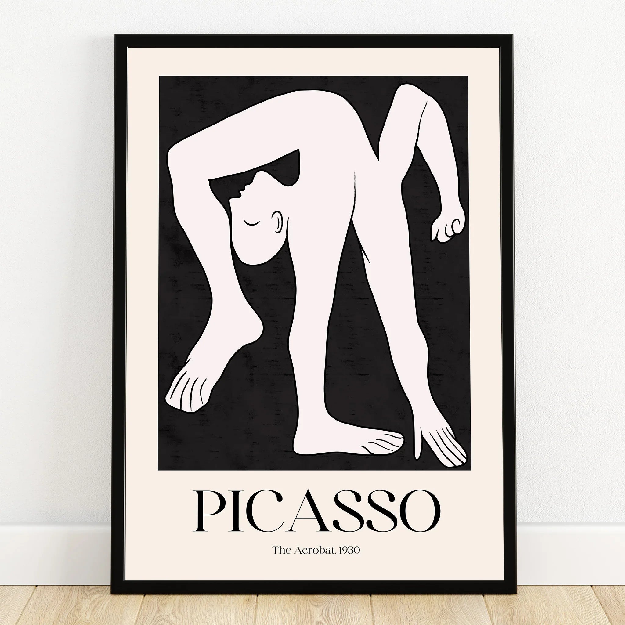 Minimalist Picasso-style acrobat art print in black frame, modern wall decor