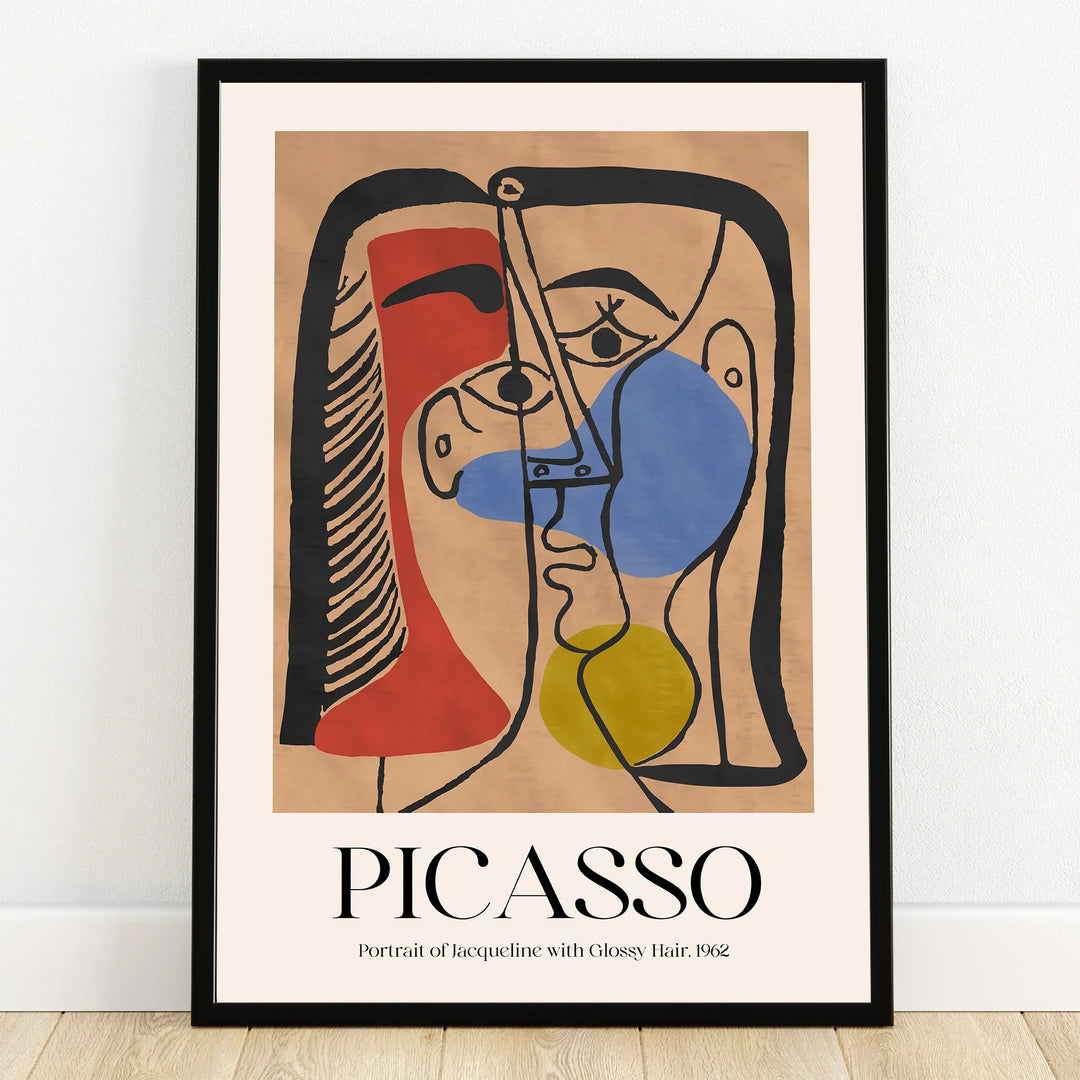 Framed abstract Picasso wall art print with bold lines, red, blue, yellow shapes, modern decor