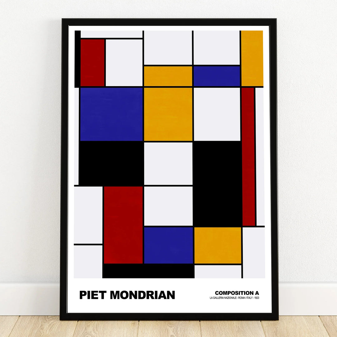 Framed Piet Mondrian abstract art print with red, blue, yellow, and black geometric blocks.