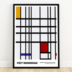 Modern wall art print featuring geometric black grid with yellow, red, and blue blocks.