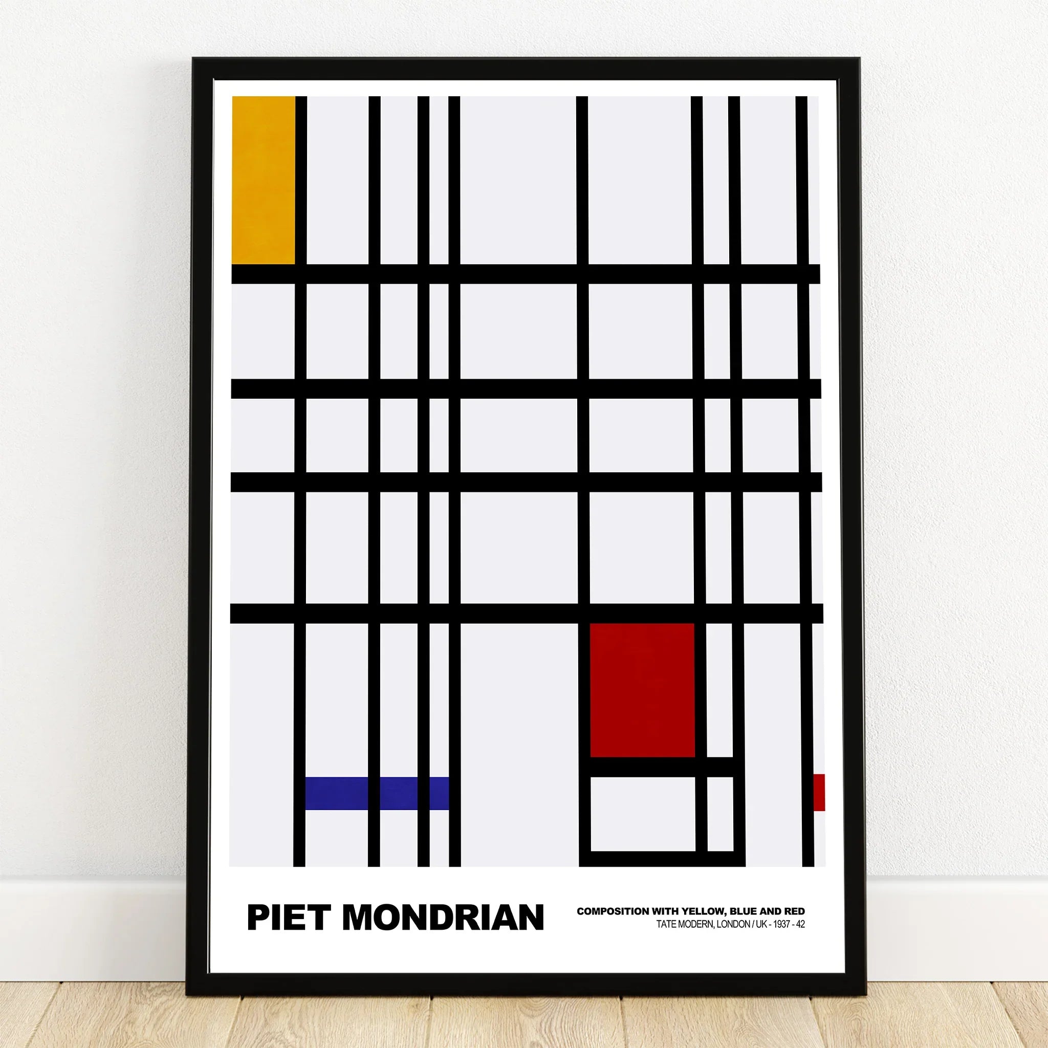 Modern wall art print featuring geometric black grid with yellow, red, and blue blocks.