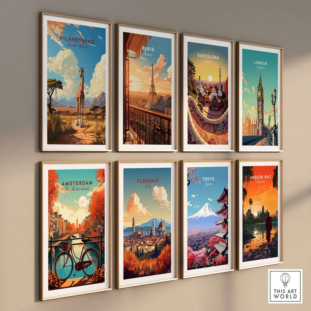 Gallery wall display featuring travel prints of Pilanesberg, Paris, Barcelona, London, Amsterdam, Florence, Tokyo, and Angkor Wat.