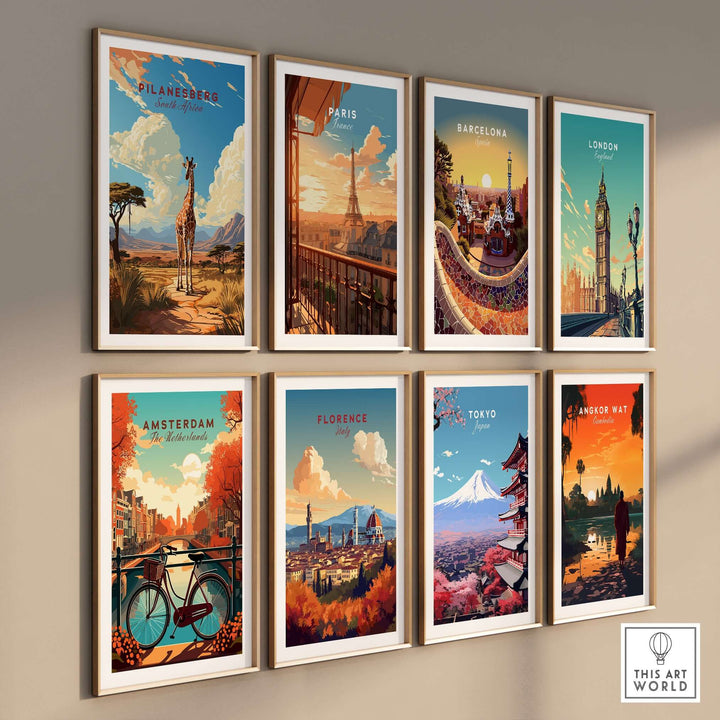 Gallery wall display featuring travel prints of Pilanesberg, Paris, Barcelona, London, Amsterdam, Florence, Tokyo, and Angkor Wat.