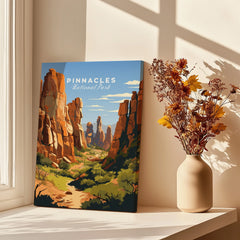 Pinnacles National Park art print on windowsill beside vase with dried flowers, sunlight and shadows