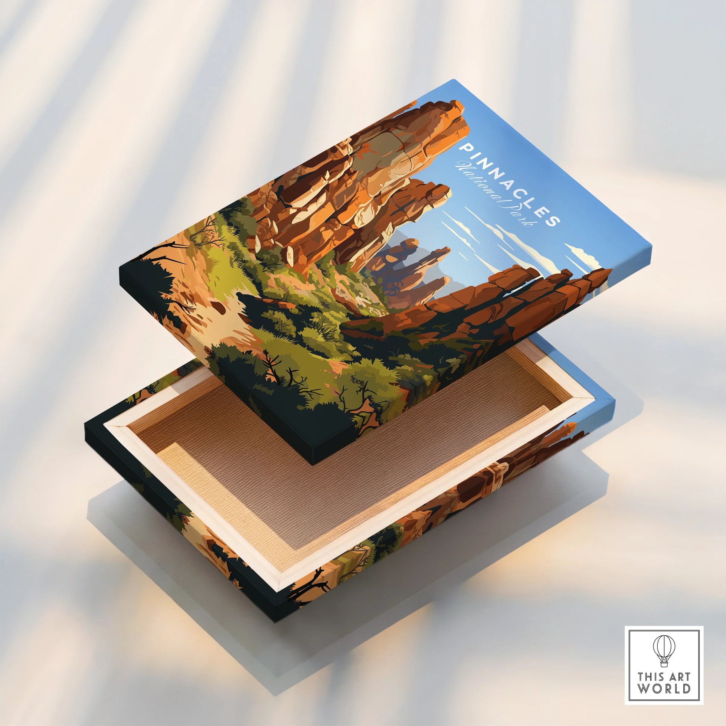 Pinnacles National Park art print on floating canvas box with desert landscape illustration