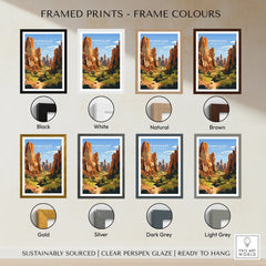 Pinnacles National Park travel poster print in eight frame color options, illustrated landscape art