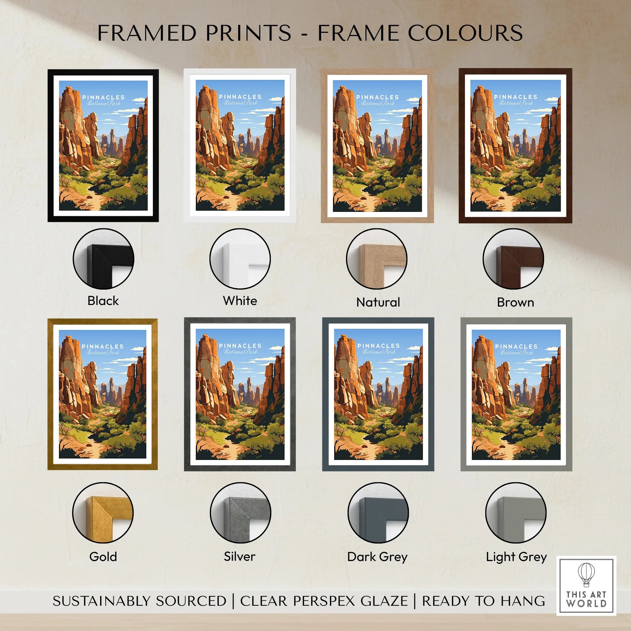 Pinnacles National Park travel poster print in eight frame color options, illustrated landscape art
