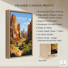 Framed canvas print of Pinnacles National Park with wooden float frame and product details