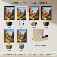 Pinnacles National Park wall art print in six frame color options: black, white, natural, brown, gold, and silver, with float frame canvas size details.