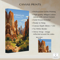 Pinnacles National Park canvas print with colorful rock formations, gallery wrapped, wall art features and specs listed