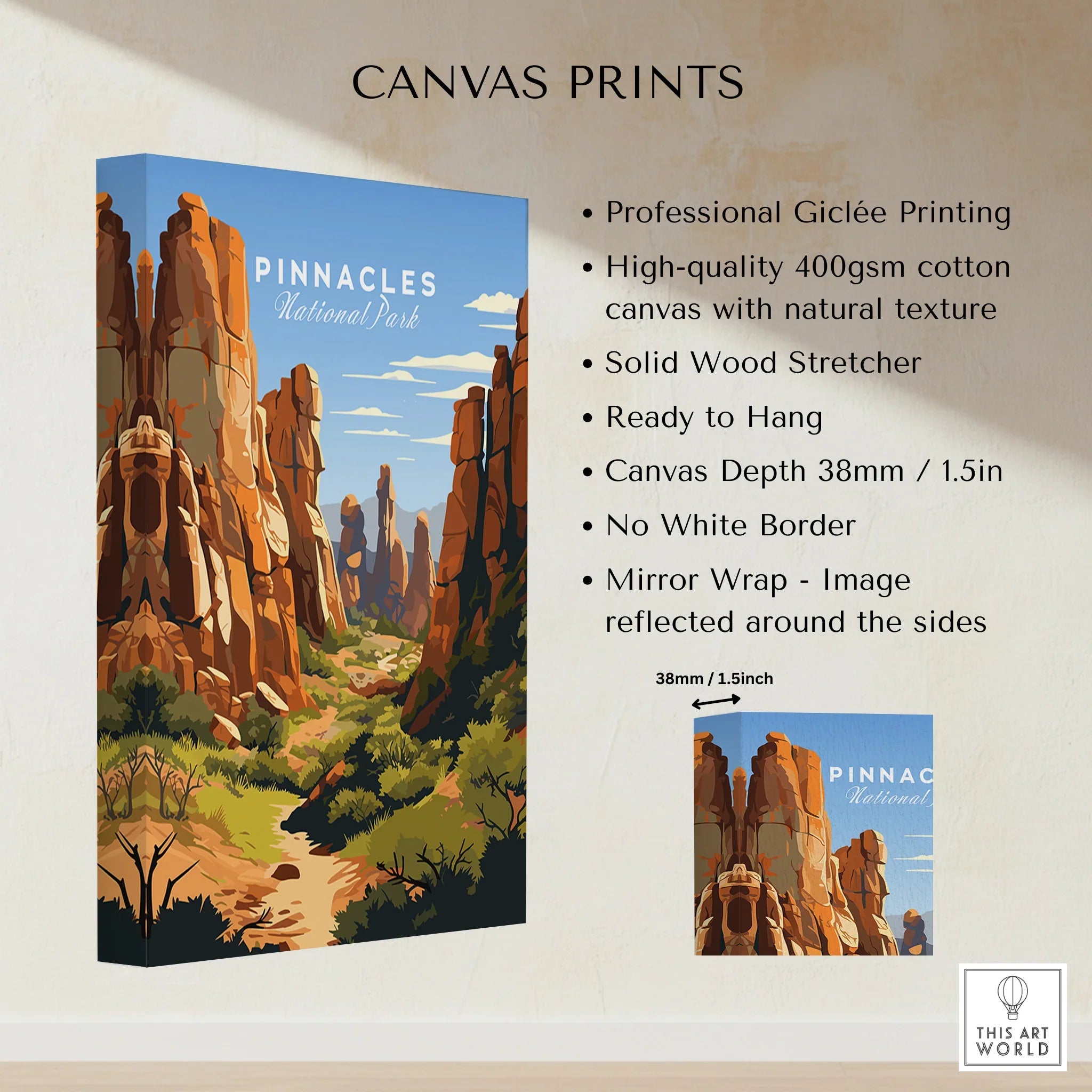 Pinnacles National Park canvas print with colorful rock formations, gallery wrapped, wall art features and specs listed