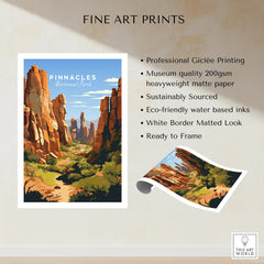 Pinnacles National Park travel poster print with scenic rock formations and blue sky.