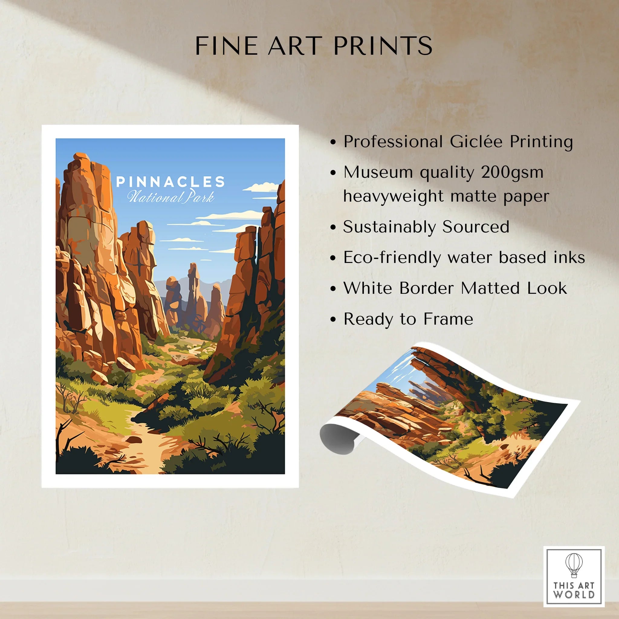 Pinnacles National Park travel poster print with scenic rock formations and blue sky.