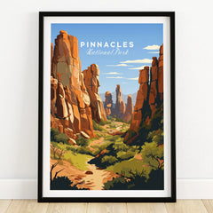 Pinnacles National Park art print in black frame, featuring rocky landscape and blue sky.