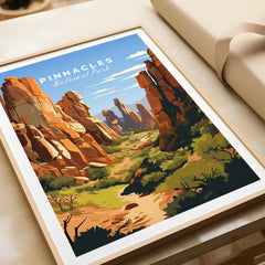 Pinnacles National Park art print with scenic rock formations in natural wood frame, unwrapped