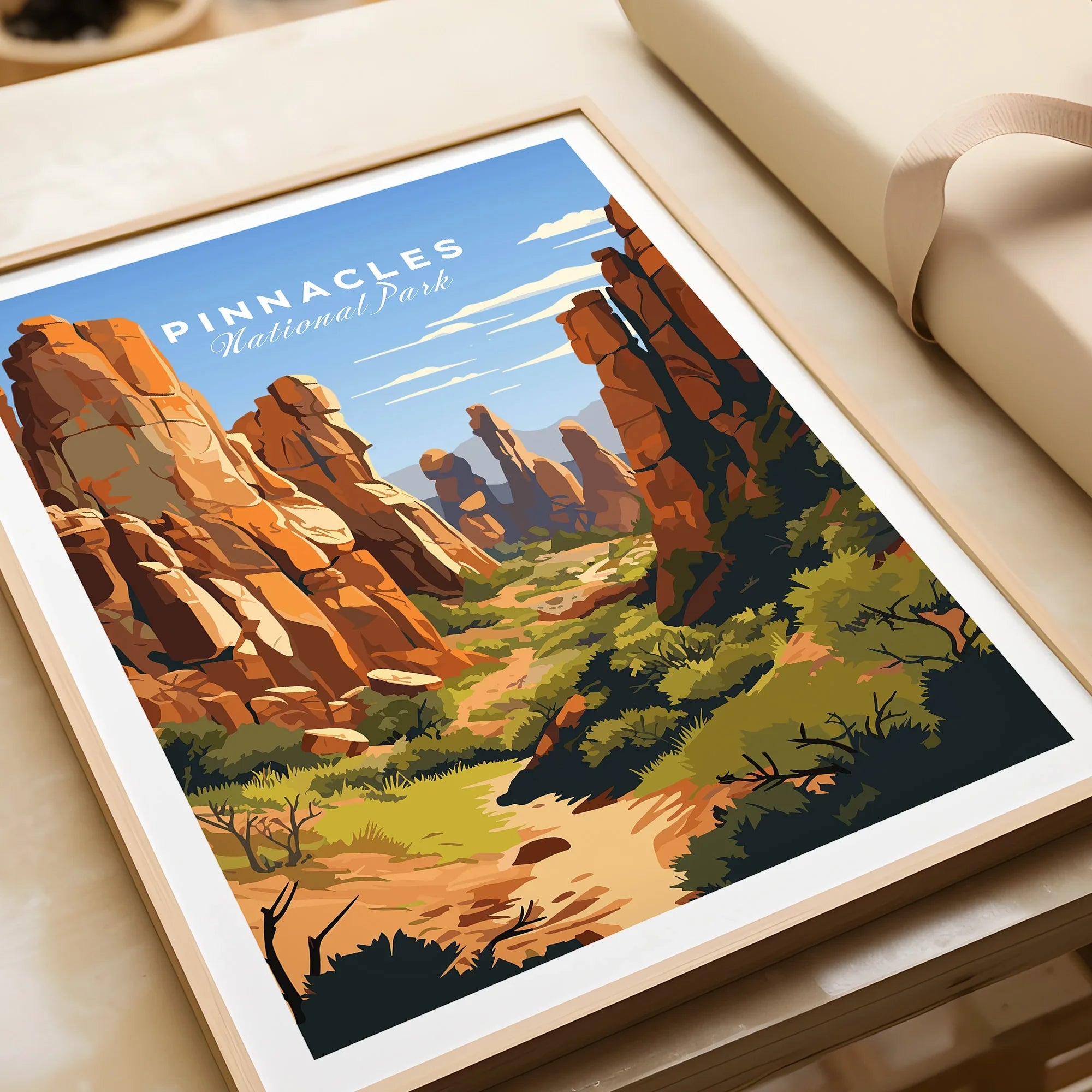 Pinnacles National Park art print with scenic rock formations in natural wood frame, unwrapped