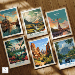Set of six framed travel art prints featuring Venice, Paris, Singapore, Pinnacles, Sri Lanka, and the Scottish Highlands on a wooden floor.