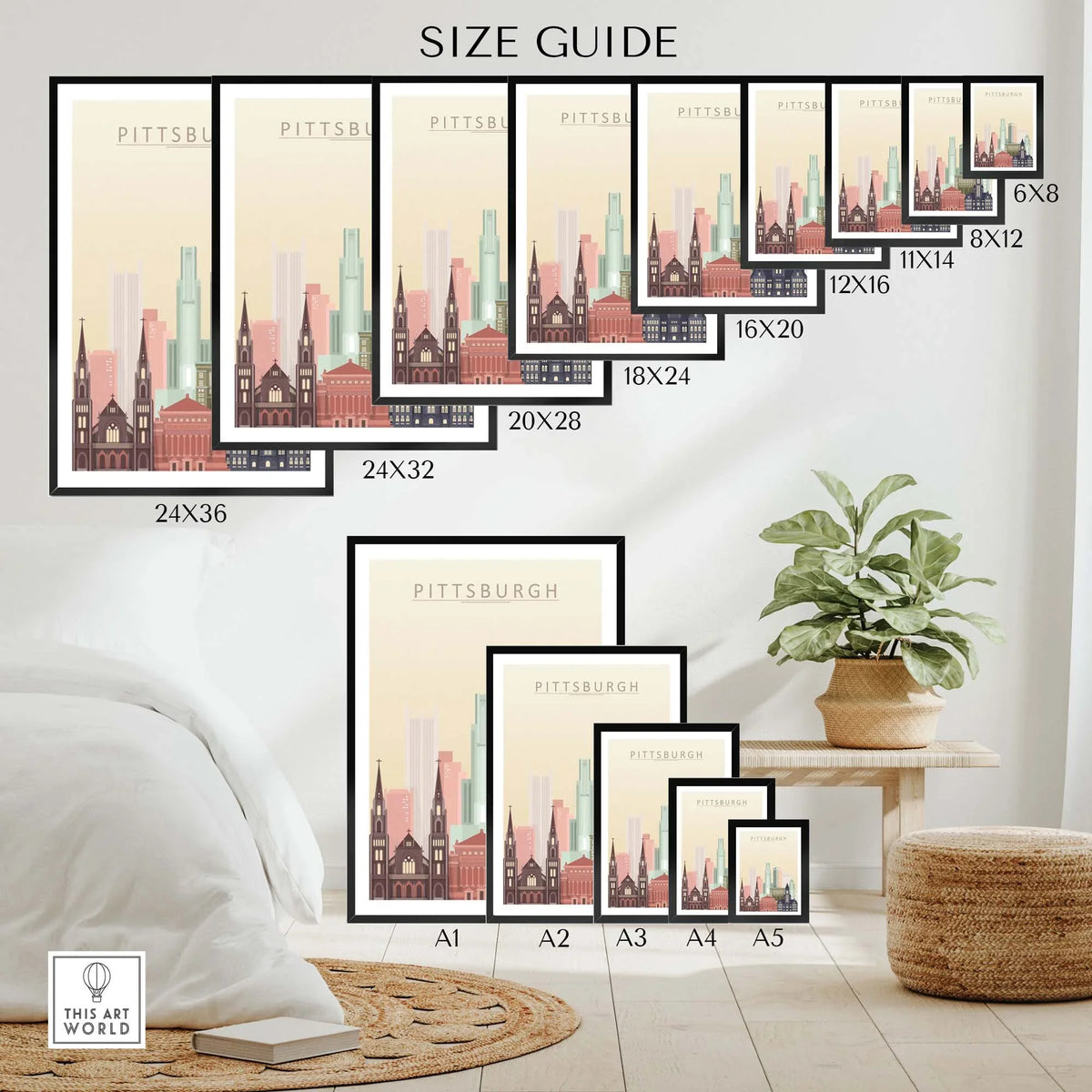 Size guide for Pittsburgh City Skyline Poster in various dimensions and frame options displayed in a modern interior.