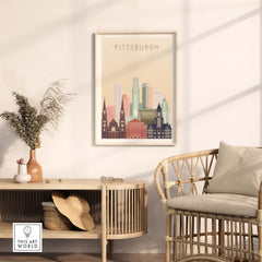 Pittsburgh poster featuring the city skyline, framed wall art print in a modern living space.