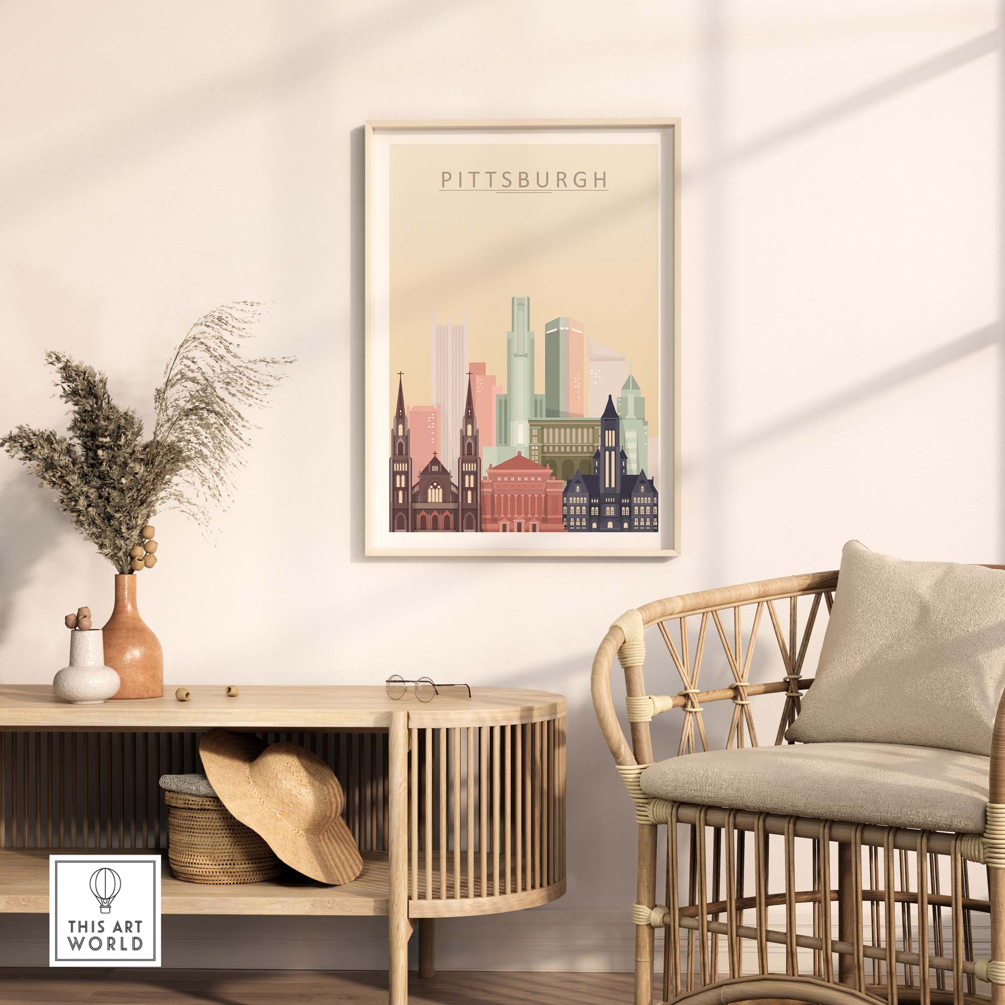 Pittsburgh poster featuring the city skyline, framed wall art print in a modern living space.