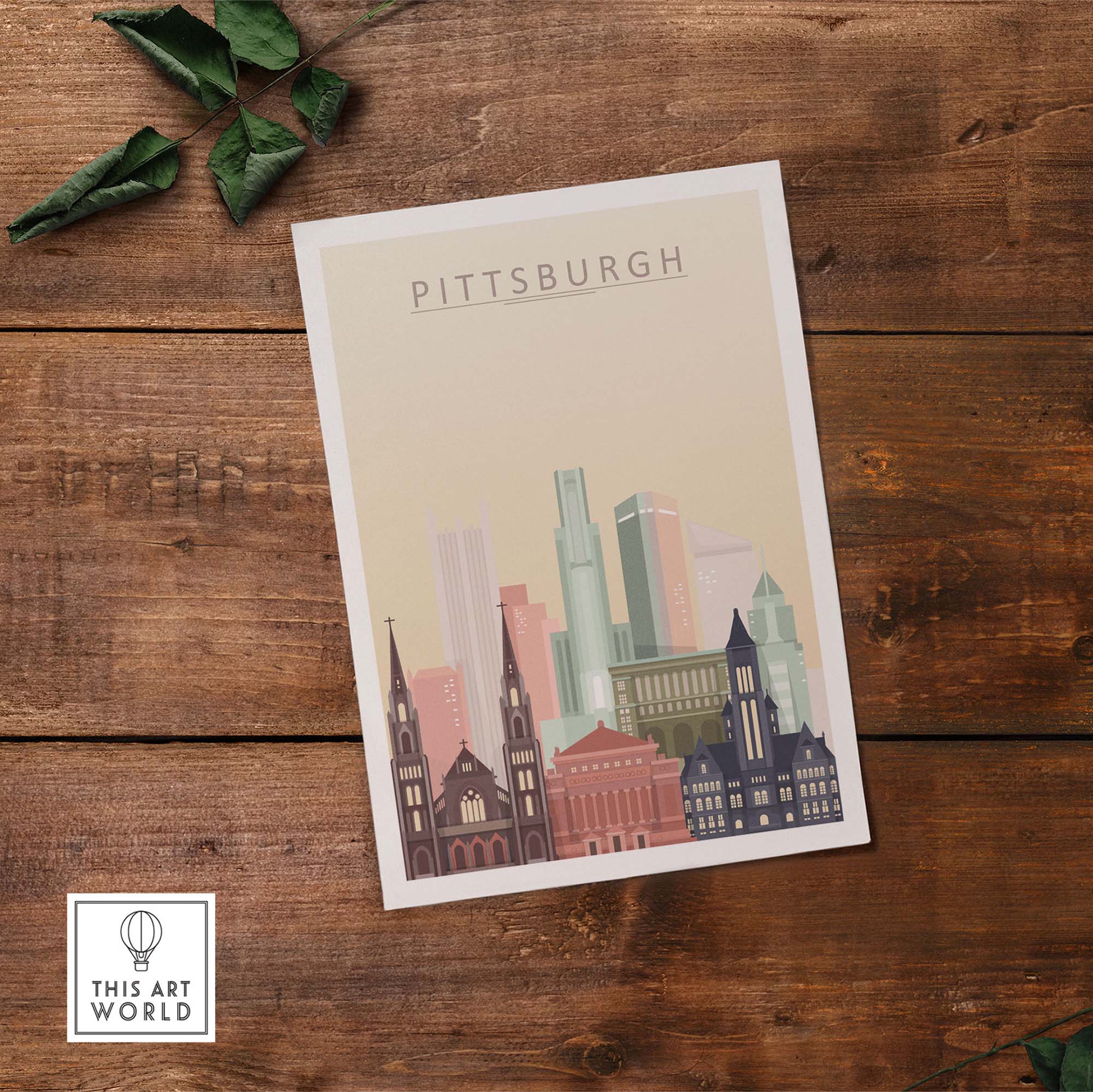 Pittsburgh Poster featuring a city skyline, showcasing modern and classic architecture for wall art decor.
