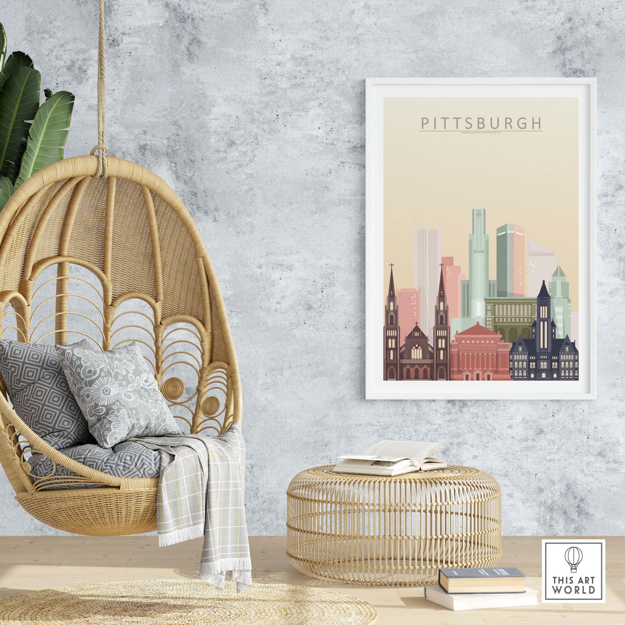 Stylish Pittsburgh skyline wall art print in a cozy home setting with modern decor and a hanging chair.