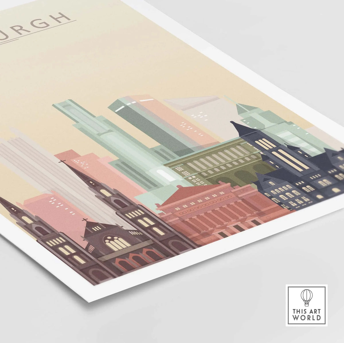 Pittsburgh skyline wall art poster featuring modern and classic architectural styles in vibrant colors.