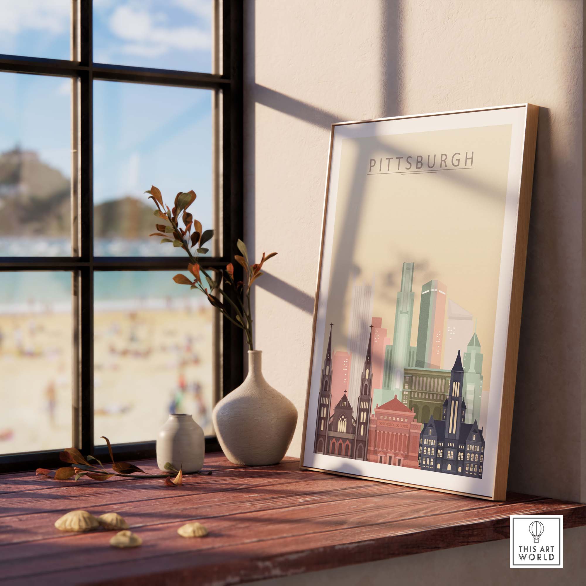 Pittsburgh city skyline wall art poster displayed on a windowsill with a beach view, framed for modern decor.
