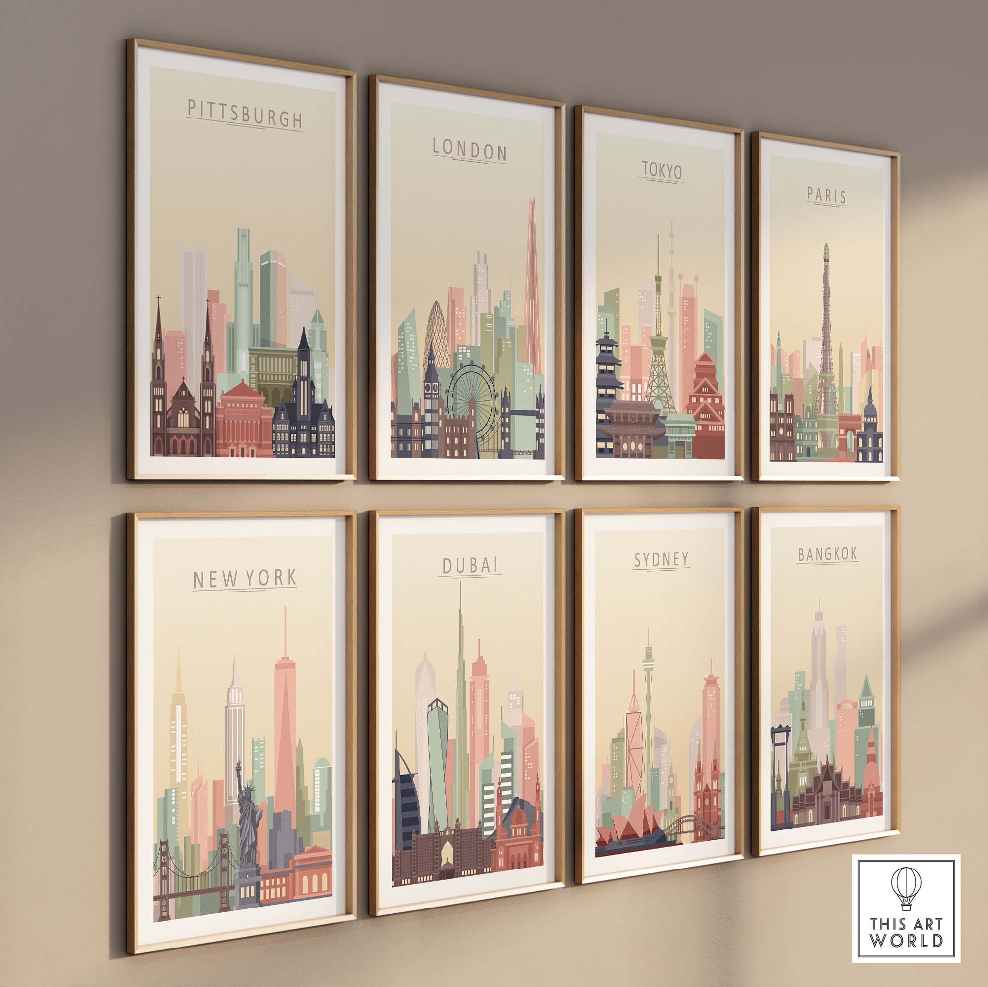 Collage of city skyline posters including Pittsburgh, London, Tokyo, Paris, New York, Dubai, Sydney, and Bangkok.