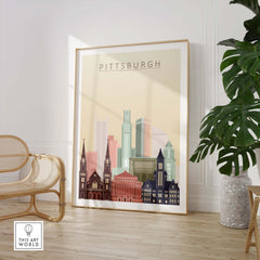 Pittsburgh city skyline wall art print featuring elegant buildings and soft colors, framed in a stylish interior.
