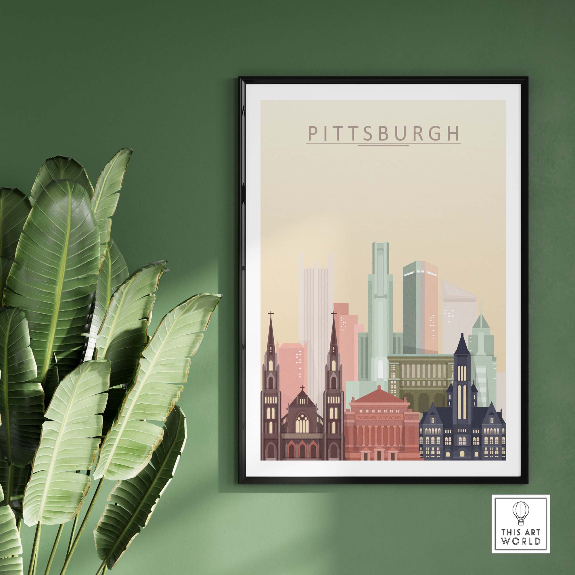 Pittsburgh skyline poster in modern frame against green wall, showcasing city landmarks and colorful design.