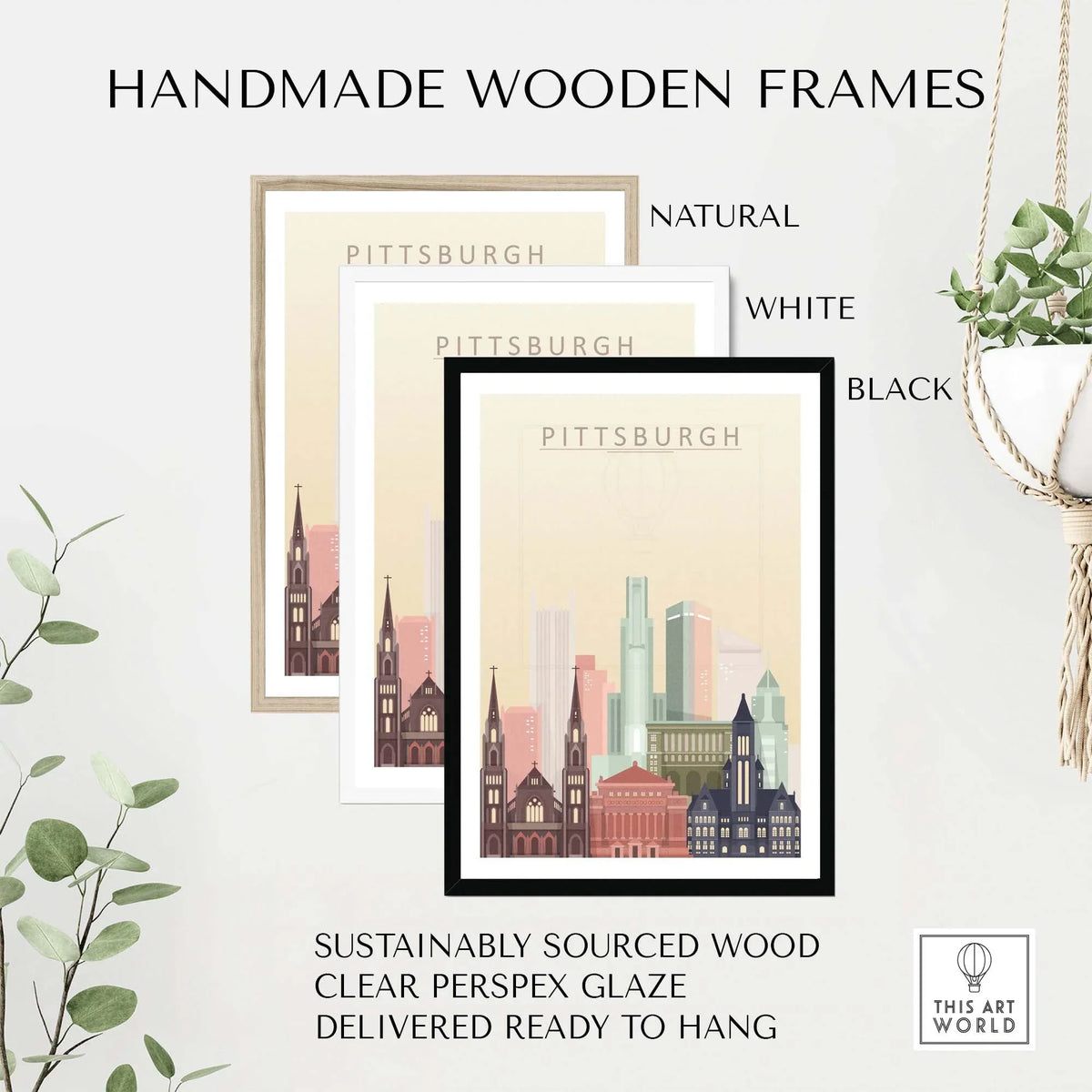 Handmade wooden frames in natural, white, and black for Pittsburgh city skyline wall art, ready to hang.