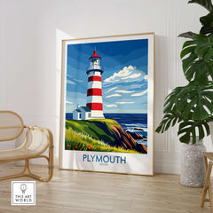 Plymouth Devon Print - Smeaton's Tower Wall Art showcasing a vibrant lighthouse print in a stylish interior setting.