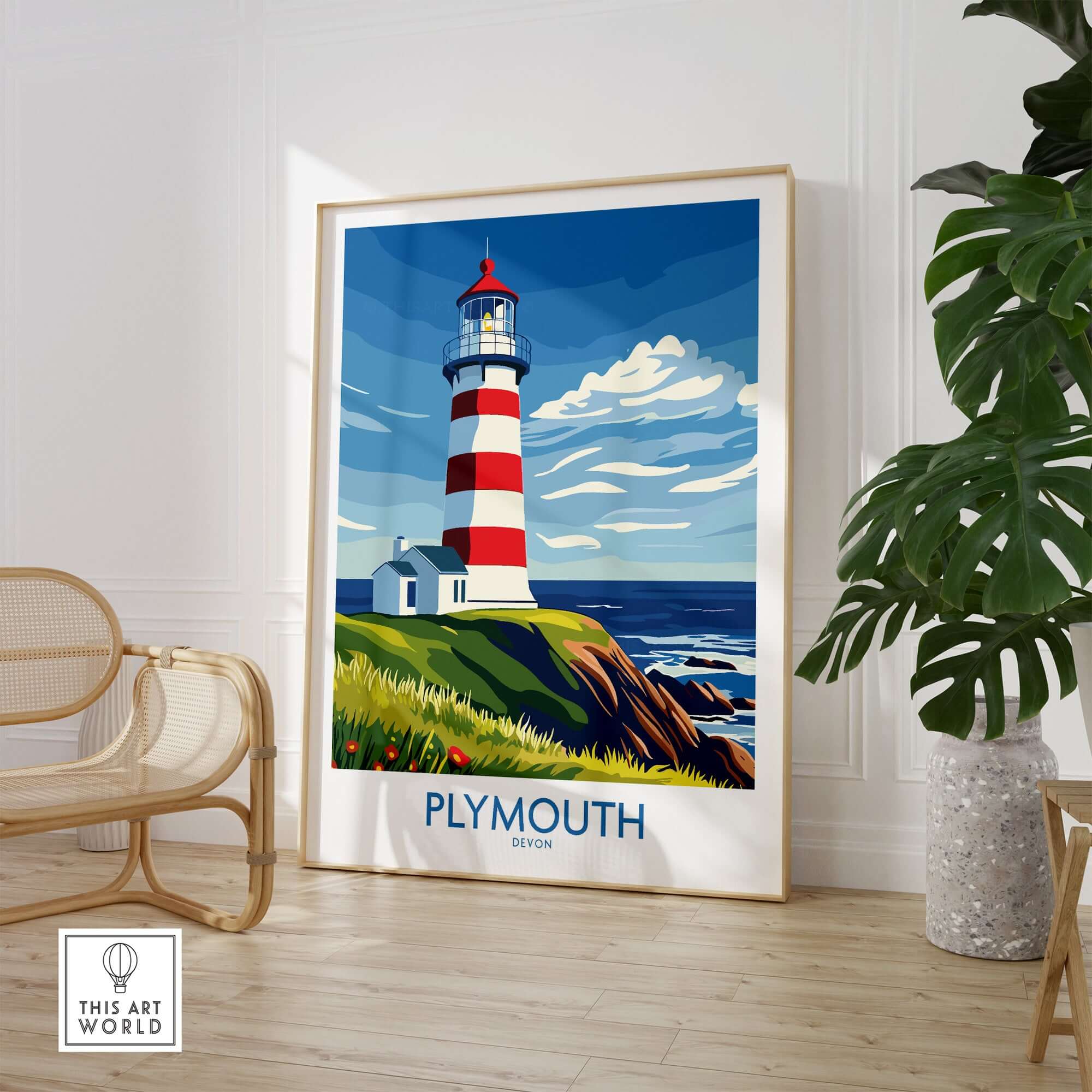 Plymouth Devon Print - Smeaton's Tower Wall Art showcasing a vibrant lighthouse print in a stylish interior setting.