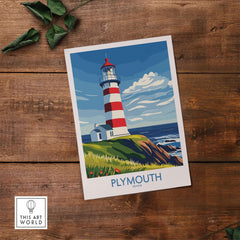 Plymouth Devon Print - Smeaton's Tower Wall Art showcasing a colorful lighthouse on a seaside landscape.