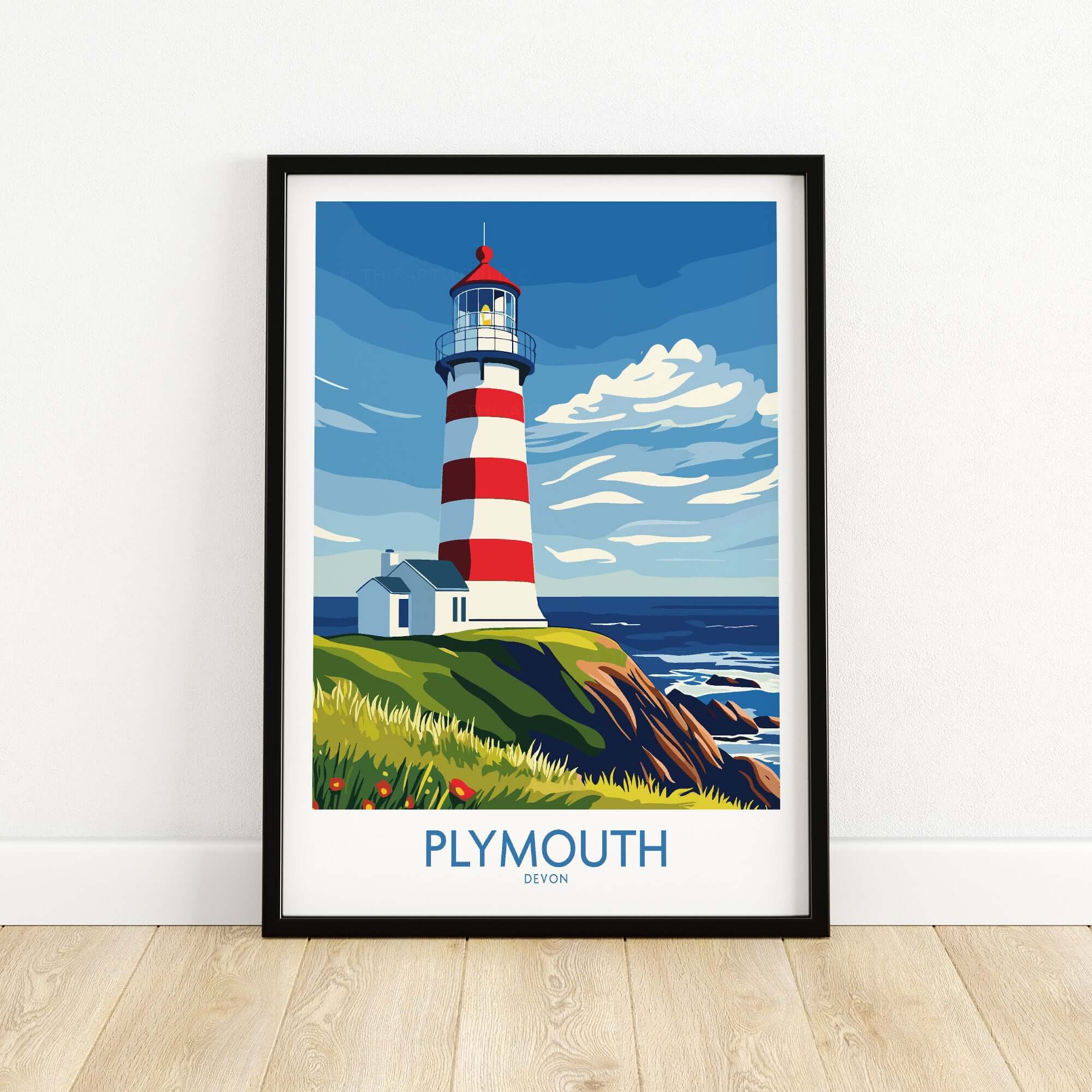 Plymouth Devon Print - Smeaton's Tower Wall Art framed print featuring a vibrant lighthouse by the sea.