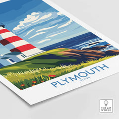 Plymouth Devon Print - Smeaton's Tower Wall Art featuring a colorful lighthouse and seaside landscape.