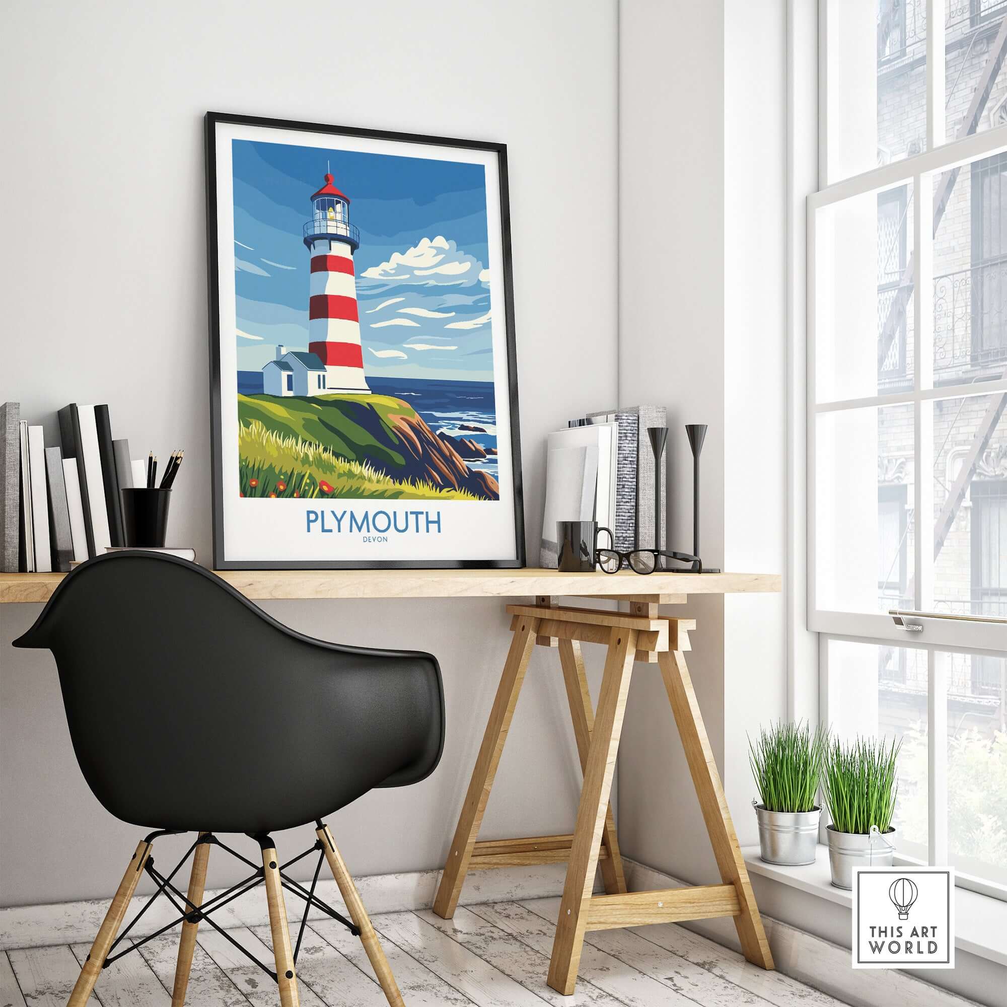 Plymouth Devon Print - Smeaton's Tower Wall Art displayed in a stylish room, enhancing the decor with nautical elegance.