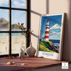 Plymouth Devon Print - Smeaton's Tower Wall Art displayed in a bright room with a beach view.