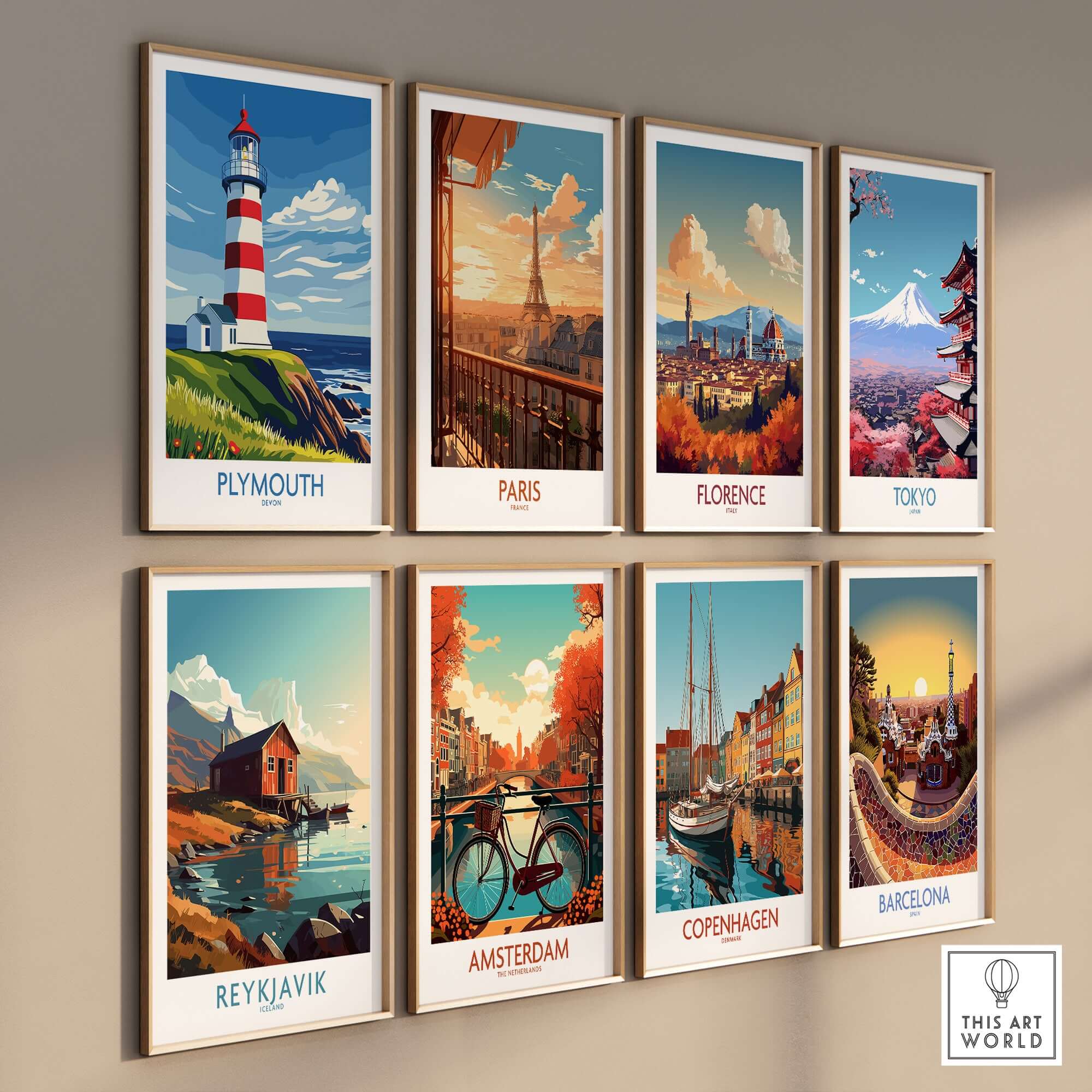 Plymouth Devon Print - Smeaton's Tower Wall Art displayed alongside other city prints.
