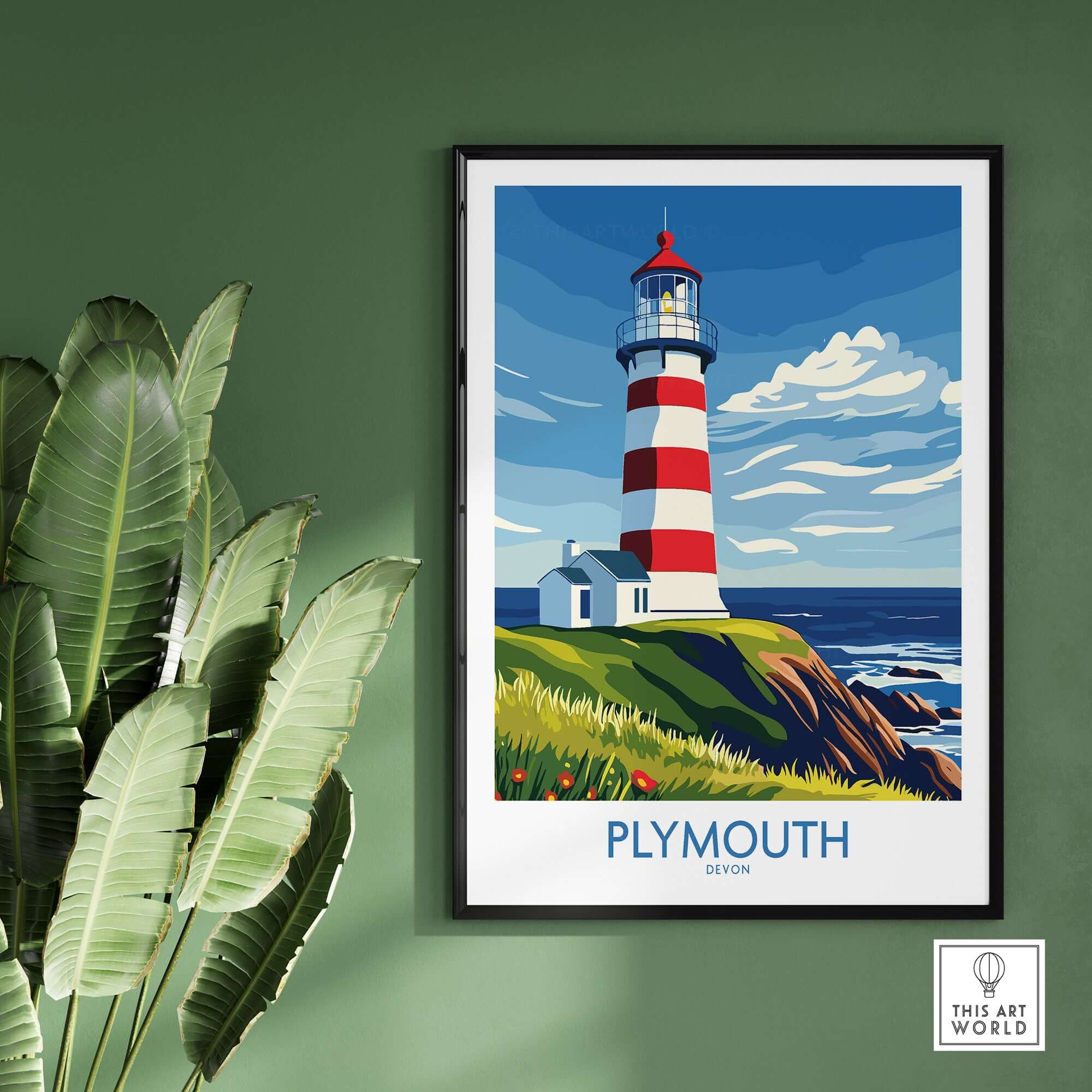 Plymouth Devon Print - Smeaton's Tower Wall Art featuring a vibrant lighthouse by the seaside.