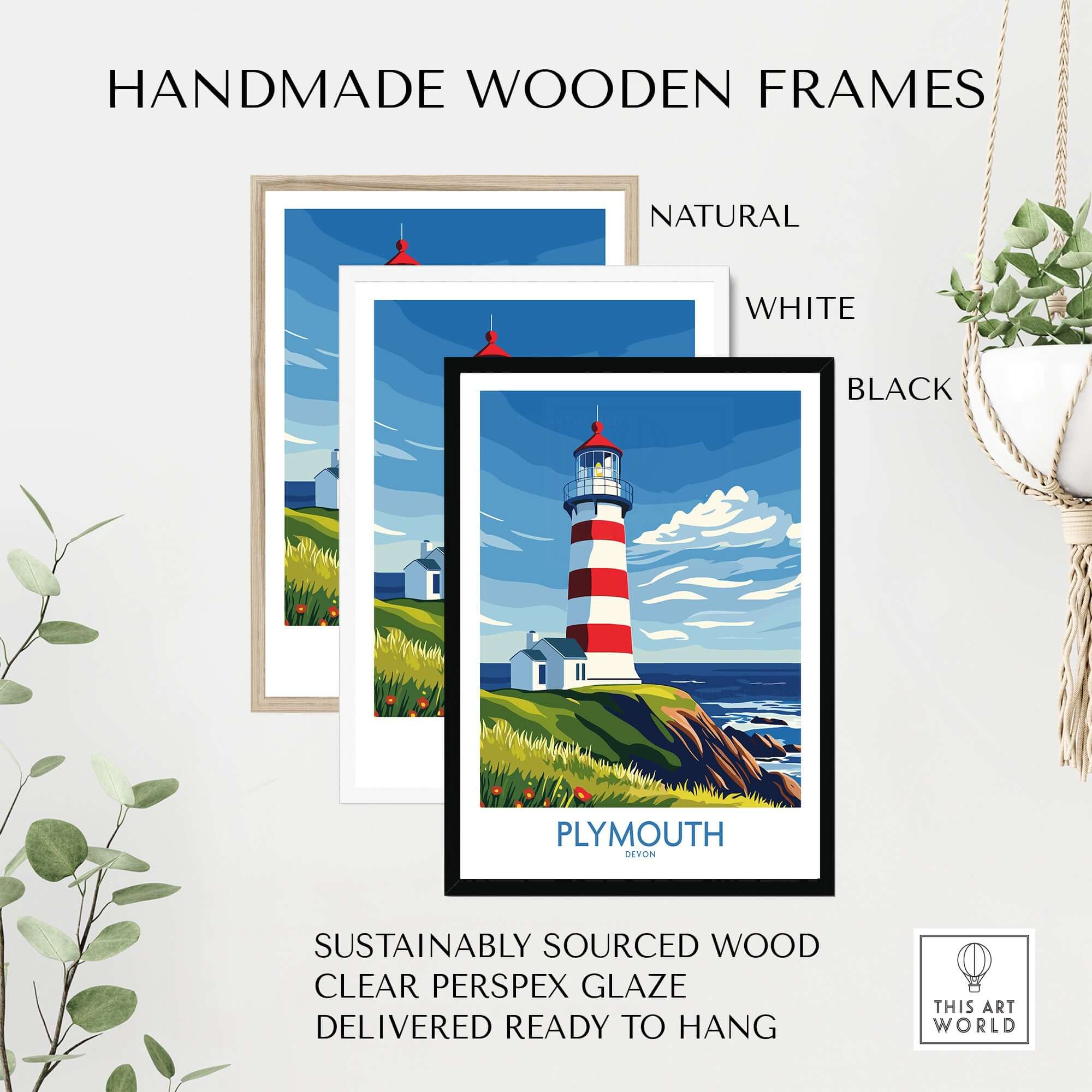 Plymouth Devon Print - Smeaton's Tower Wall Art in handmade wooden frames, showcasing natural, white, and black options.