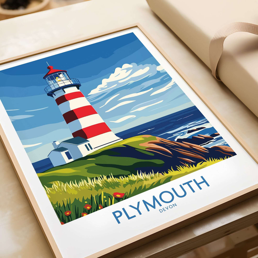 Smeaton's Tower wall art print capturing the scenic beauty of Plymouth, Devon with vibrant colors and nautical charm.