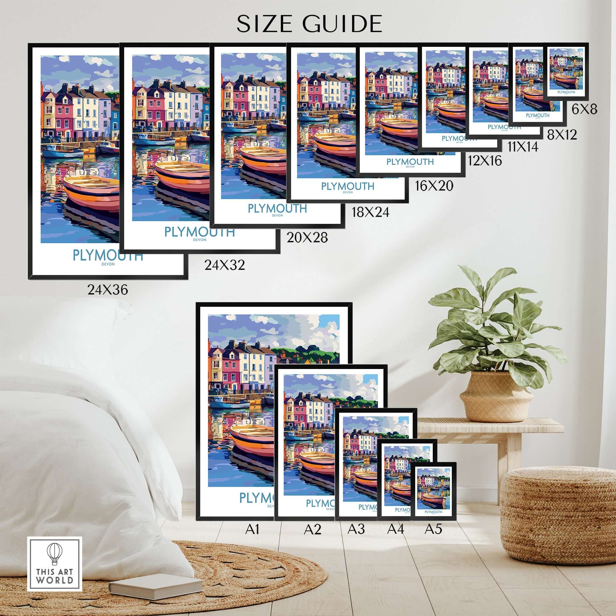Plymouth England Art - Colorful Boat Scene Print size guide with framed options in a stylish home setting.