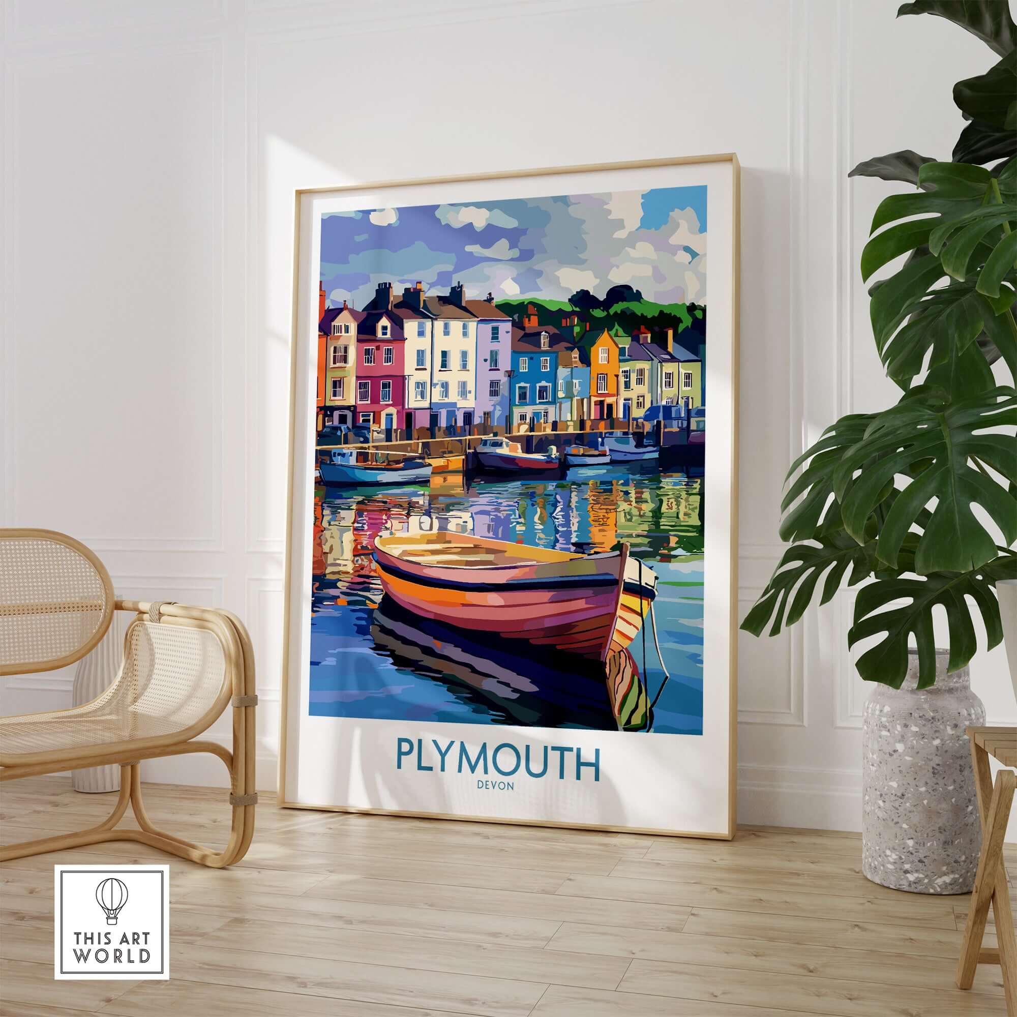 Plymouth England Art - Colorful Boat Scene Print featuring vibrant boats and a charming coastal setting.