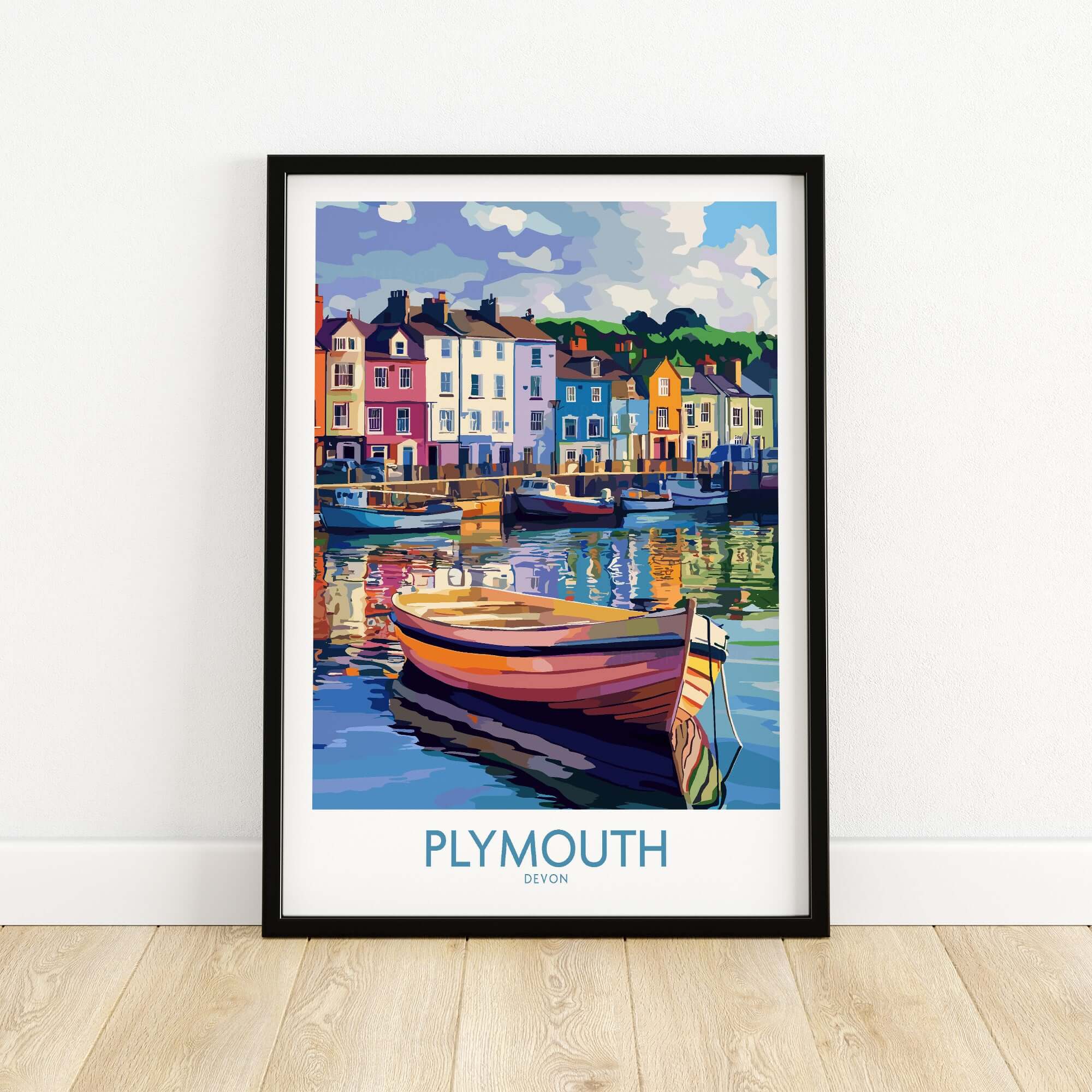 Plymouth England Art - Colorful Boat Scene Print featuring colorful boats and vibrant waterfront homes.