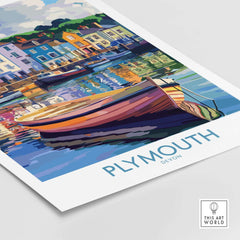 Plymouth England Art - Colorful Boat Scene Print showcasing vibrant boats by the waterfront in Plymouth, Devon.