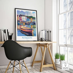 Plymouth England Art - Colorful Boat Scene Print displayed in a stylish home workspace with vibrant decor.