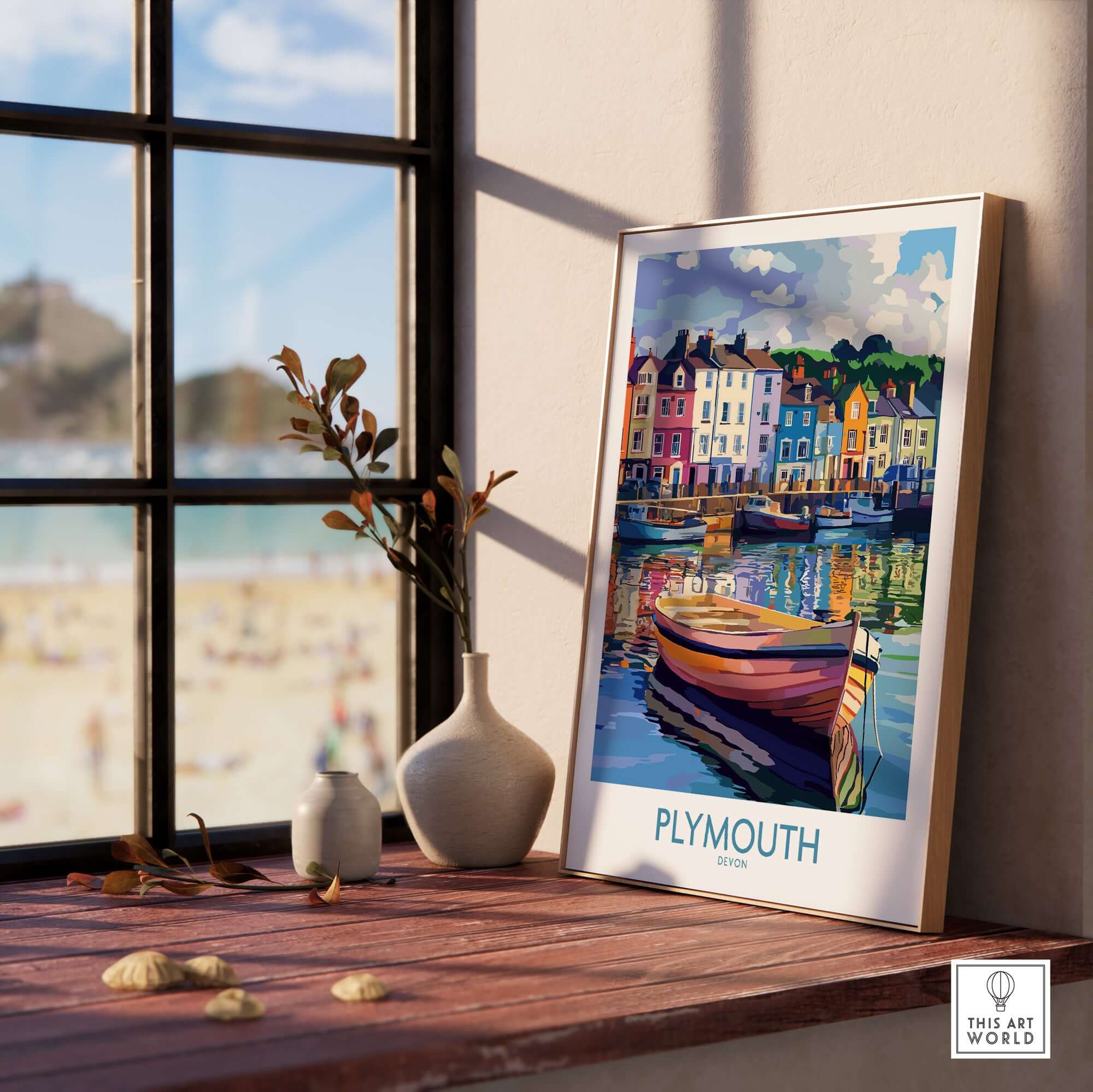 Plymouth England Art - Colorful Boat Scene Print displayed in a sunny room with coastal view.