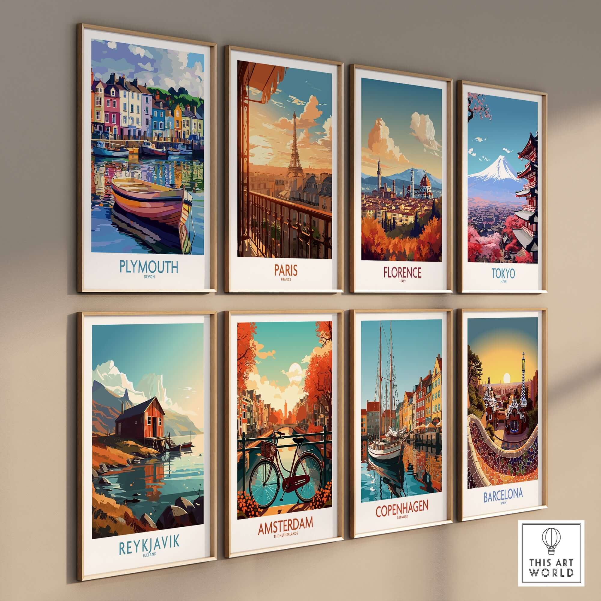 Plymouth England Art - Colorful Boat Scene Print displayed among other vibrant city artworks.